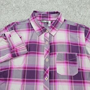 The North Face Womens Purple Pink Plaid Button Down Shirt Roll Tab Sleeve Medium